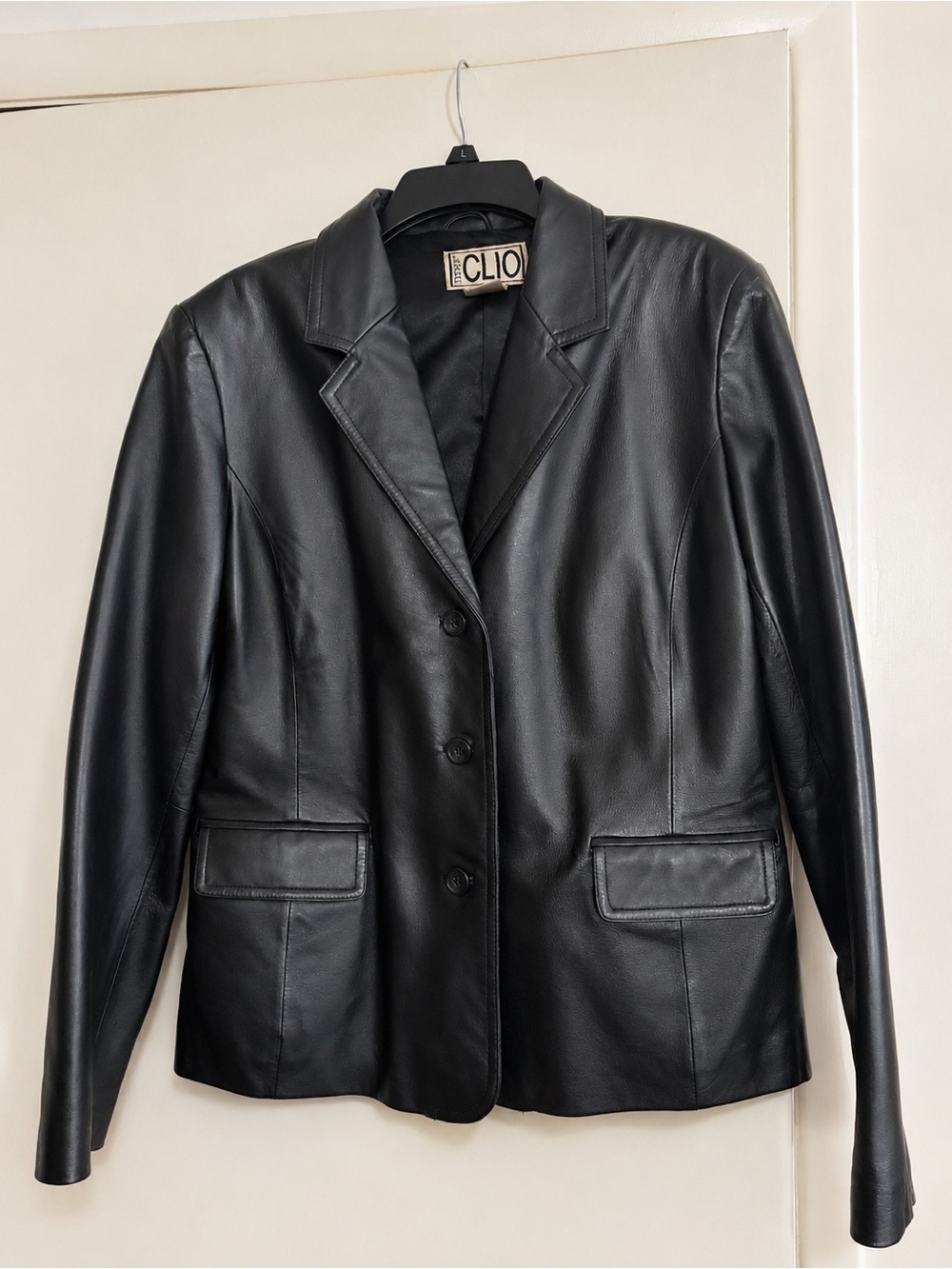 Clio Women's Black Leather Blazer Jacket with Notch Lapel